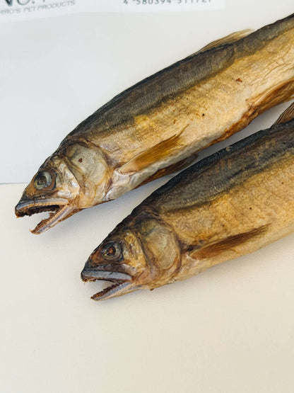 鮎の燻製（ヒューマングレード・無添加）の乾燥した魚。国産で無添加の健康的なおやつ。