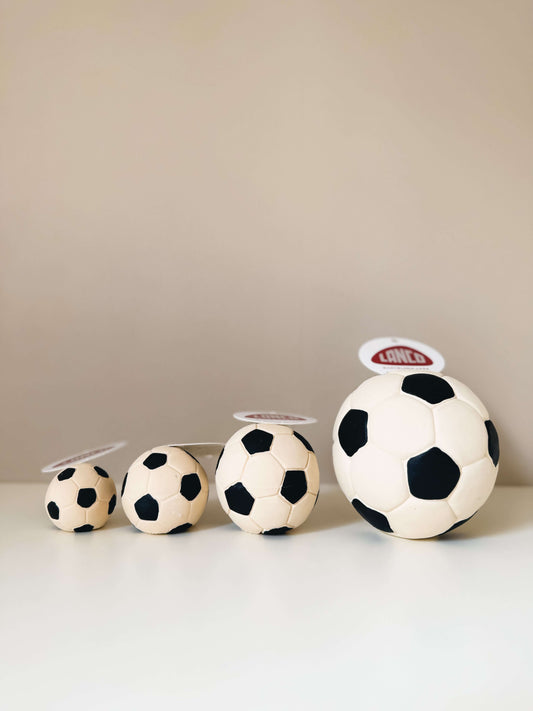 LANCO｜ランコ【サッカーボール】 in various sizes arranged on a table, showcasing the colorful design and quality.